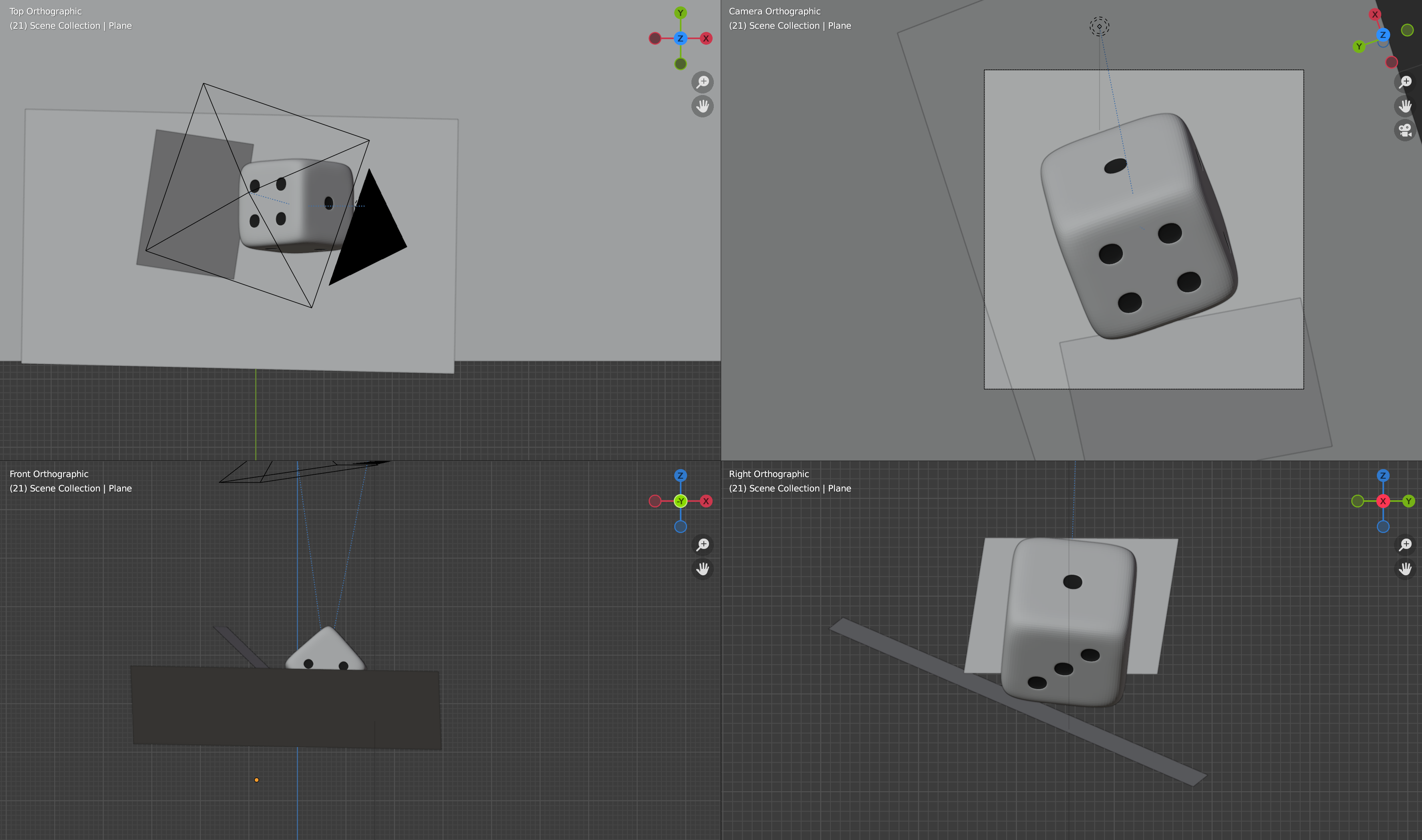 Screenshot of a 3D authoring program, showing quad view of a die mid-roll from different angles