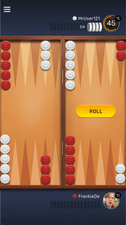 Gameplay prototype animation. Player taps on "Roll" to roll the dice double-2 and moves a piece 2 pips forward