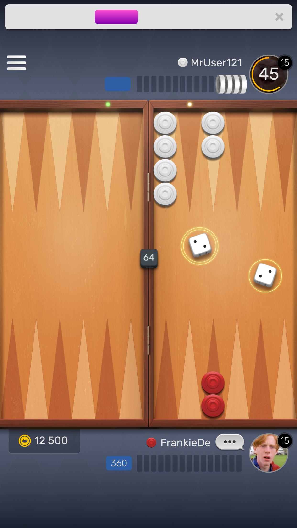 Backgammon GO in-game view showing the board an pieces, portrait mobile layout