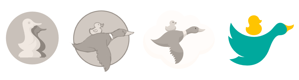Four logos lined in a row, first three are greyscale. All depict some form of two ducks, usually a rubber ducky on the back of a soaring duck