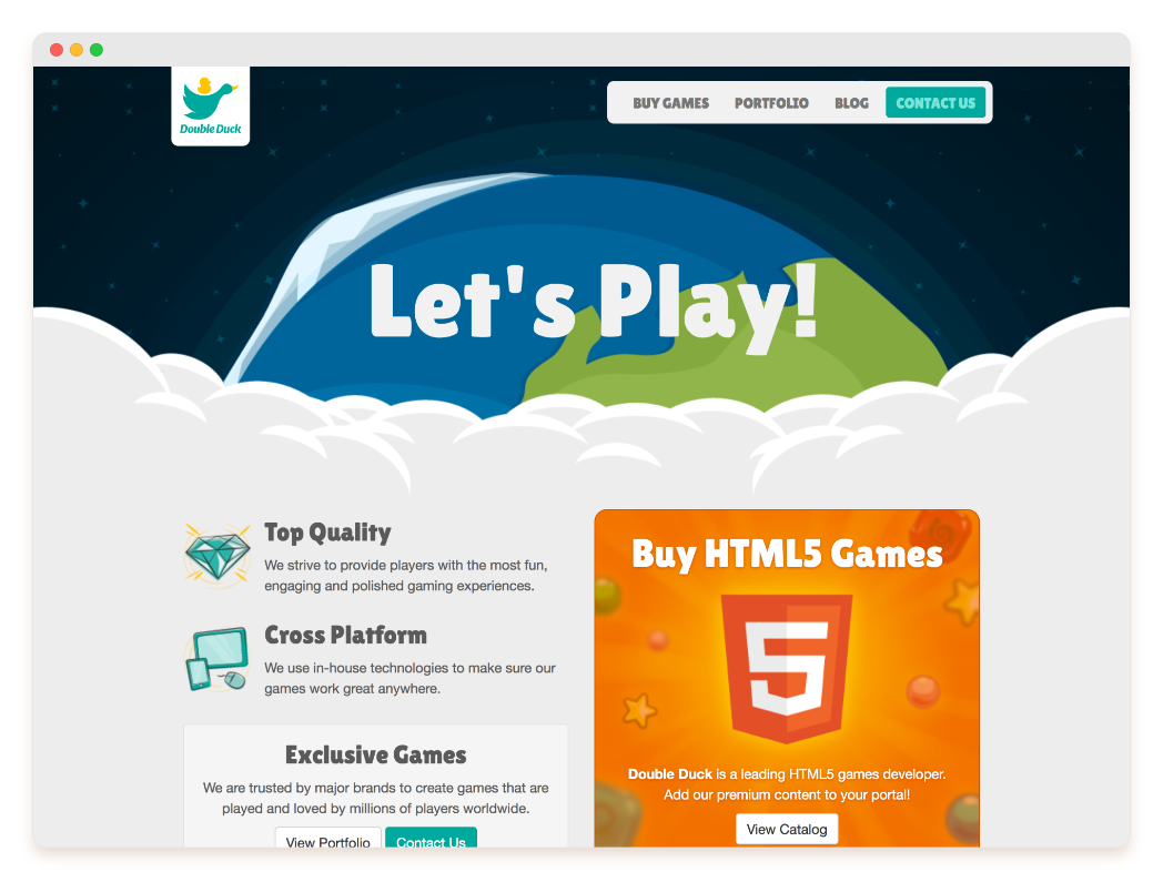 Screenshot of Double Ducks's website. Huge title reads "Let's Play!"