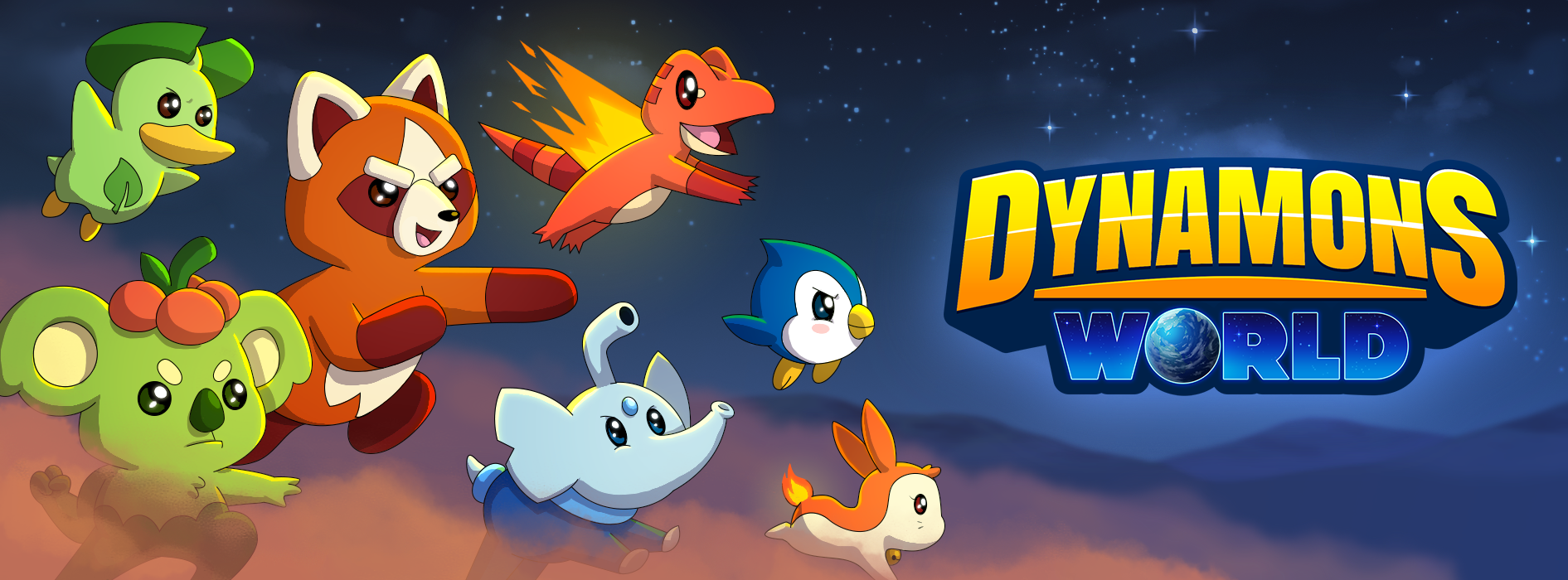 Large feature image showing seven creatures leaping into battle, on the right is a logo that reads "Dynamons World". The letter O in "world" is replaced with planet Earth.