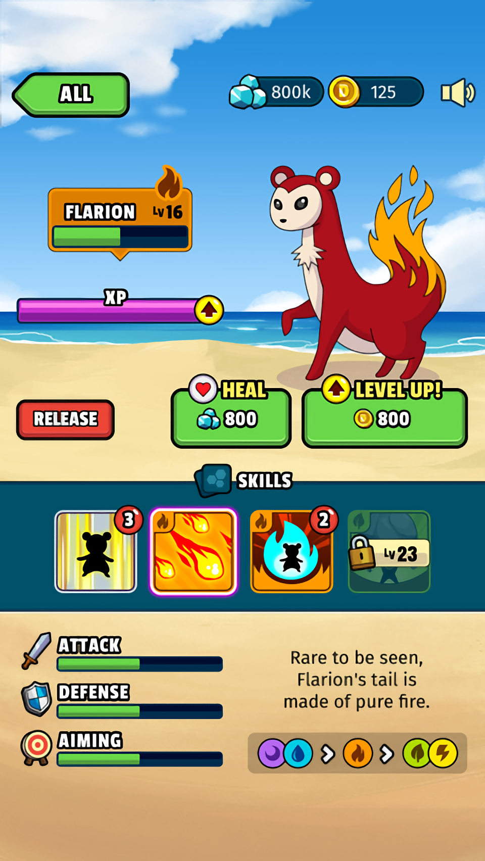 Screenshot showing a detailed view of a Dynamon called Flarion, listing abilities and stats