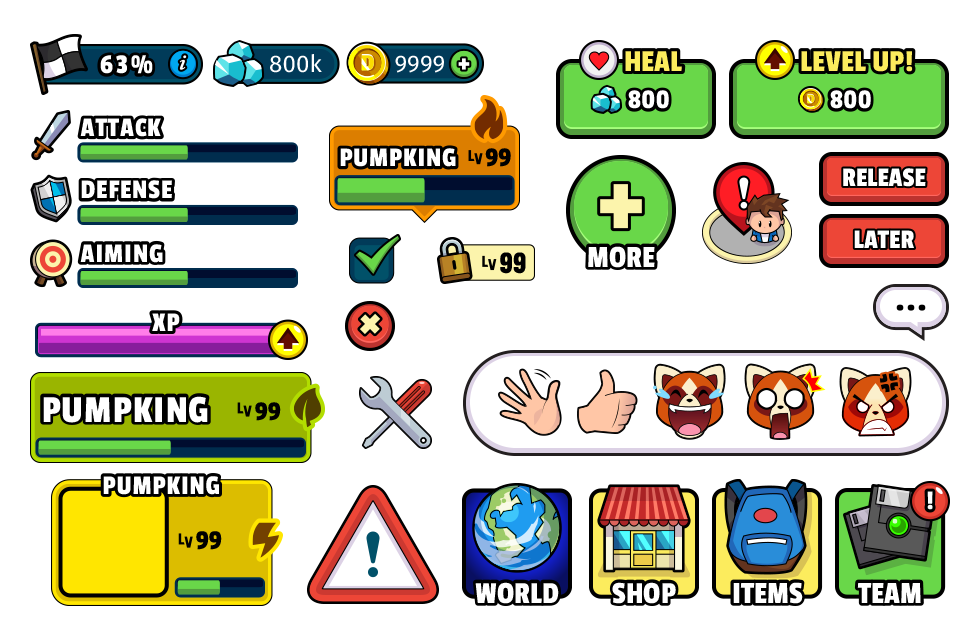 Assorted UI elements such as buttons, labels and emotes