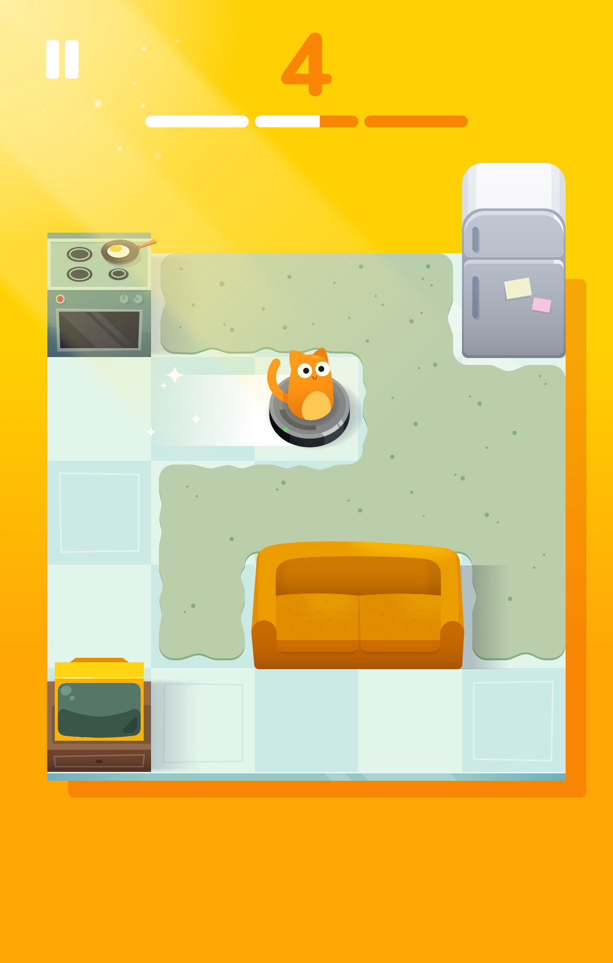 Screenshot from game Cat Vac, a cat on a Roomba cleaning the room