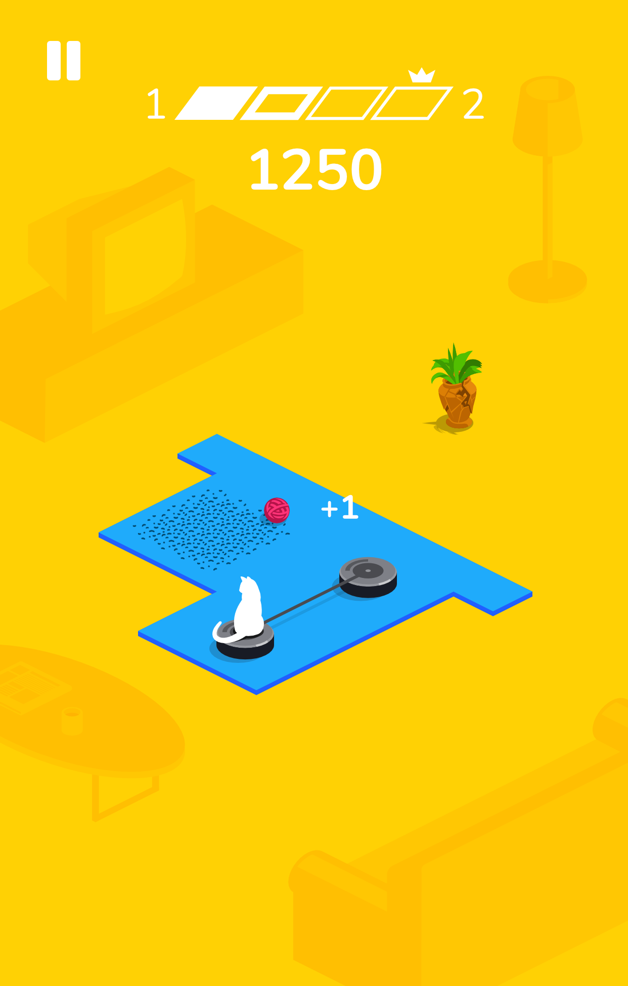 Screenshot from game Clean the Room, a cat on a Roomba cleaning the room, but different than the one before