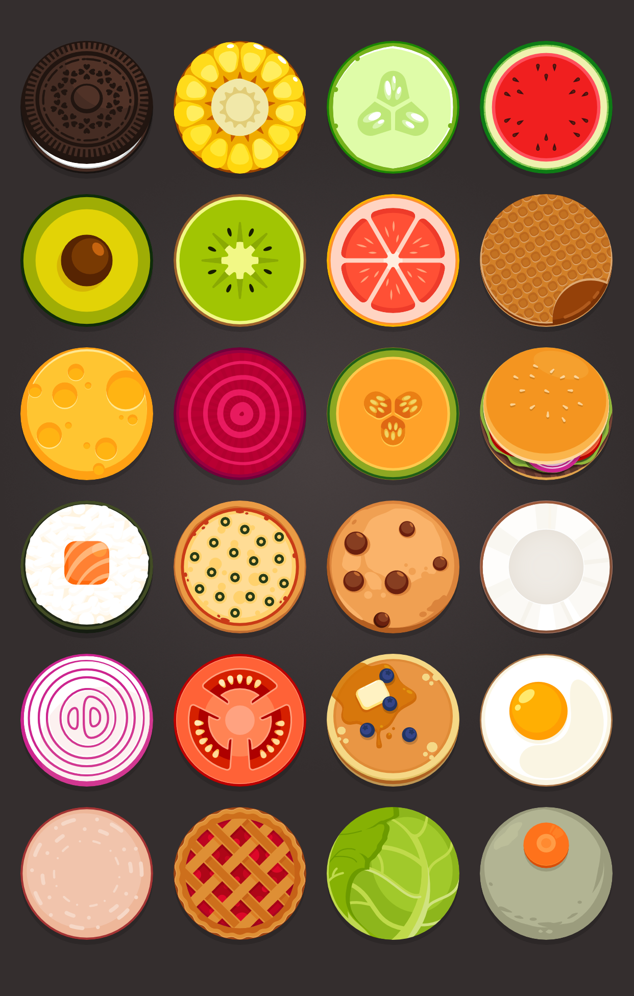 Various Lucky Pie assets, all are food inspired and shaped as a perfect circle