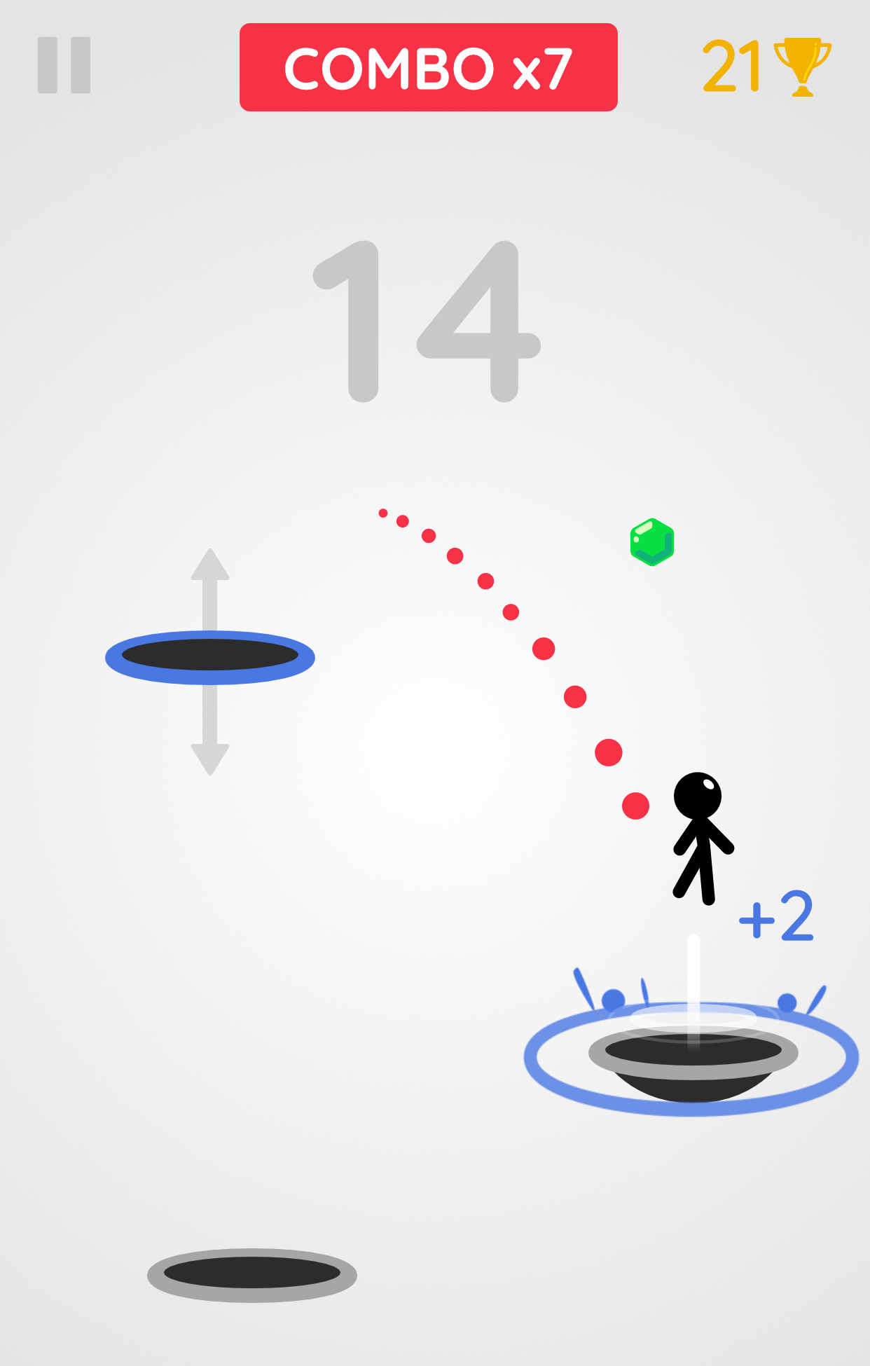 Screenshot from game Tramp Land, a stick-figure jumping on trampolines and collecting gems
