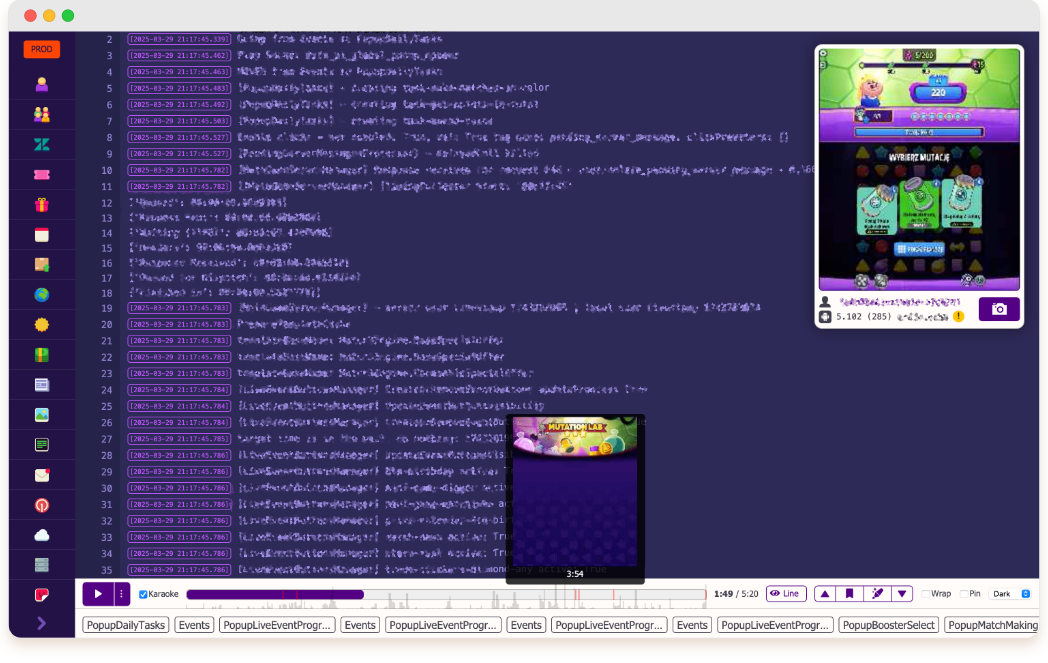 screenshot of an Admin Log page