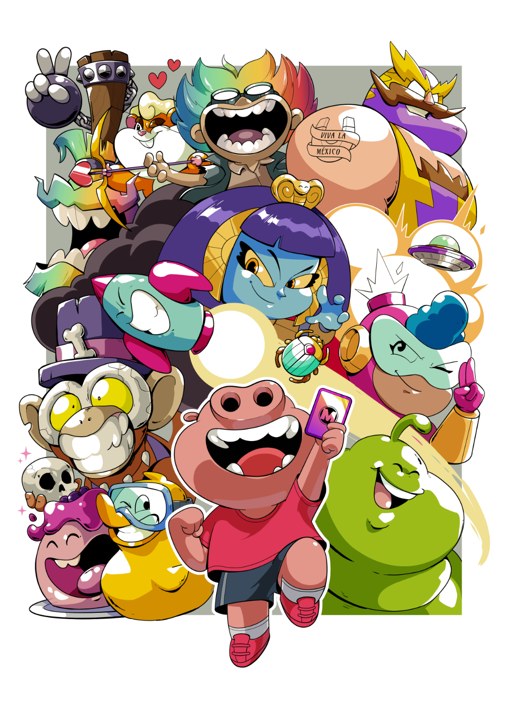 Art showing Piggy holding a Booster over a background of posing Boosters