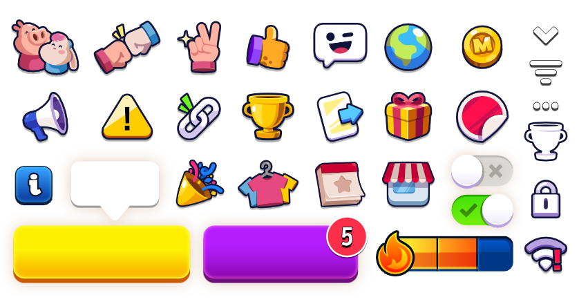 Samples of UI elements: icons, buttons and toggles