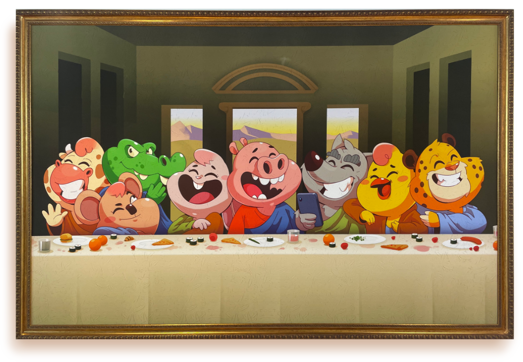 An framed painting a la "The Last Supper"